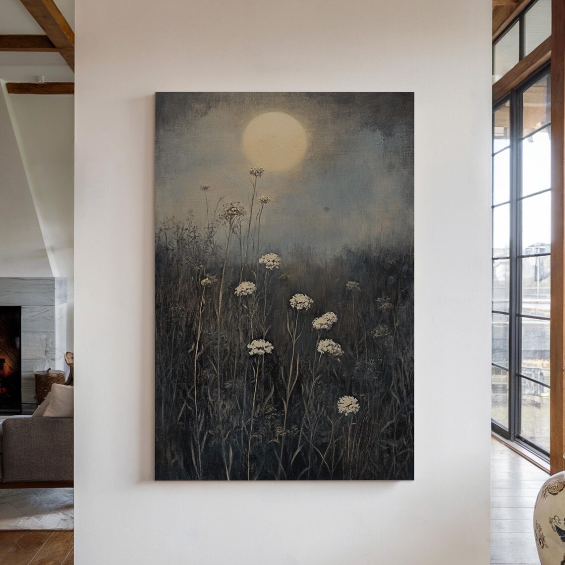 Moonlit Wildflowers Ethereal Night Meadow Full Moon Painting Poster