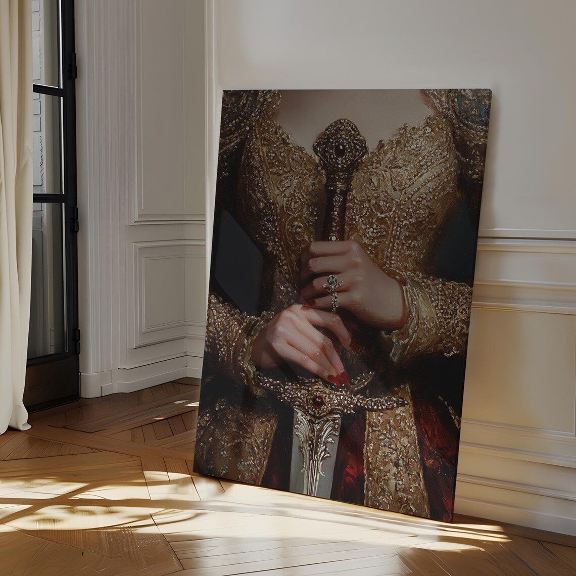 Elegant Medieval Sword Art Ornate Gold Armor Gemstone Embellished Hilt Royal Renaissance Inspired Wall Decor