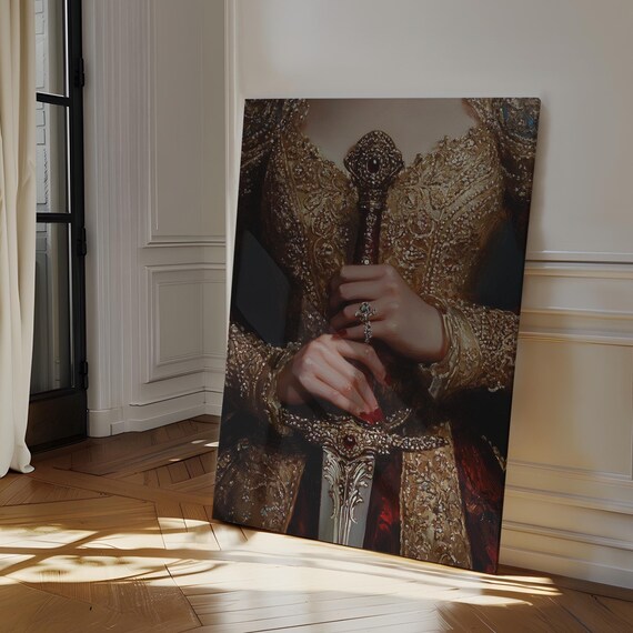 Elegant Medieval Sword Art Ornate Gold Armor Gemstone Embellished Hilt Royal Renaissance Inspired Wall Decor