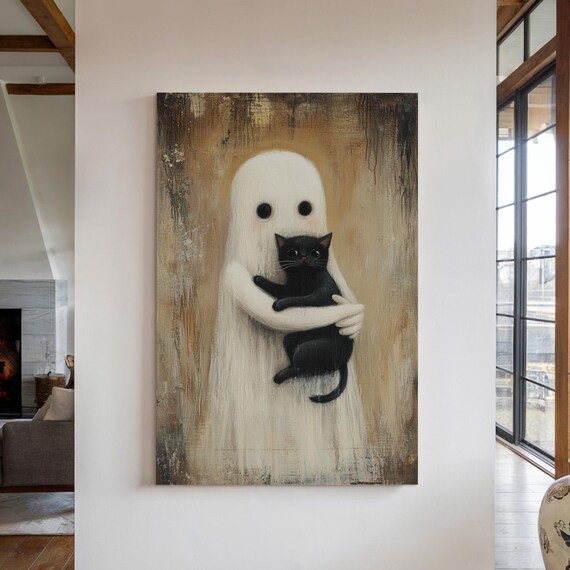 Whimsical Ghost Hugging Black Cat Adorable Rustic Halloween Poster