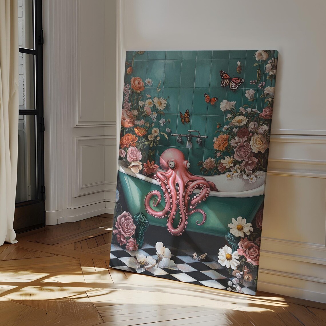Whimsical Octopus In Floral Bathtub Surreal Wall Art For Bold Bathroom And Eclectic Home Dcor
