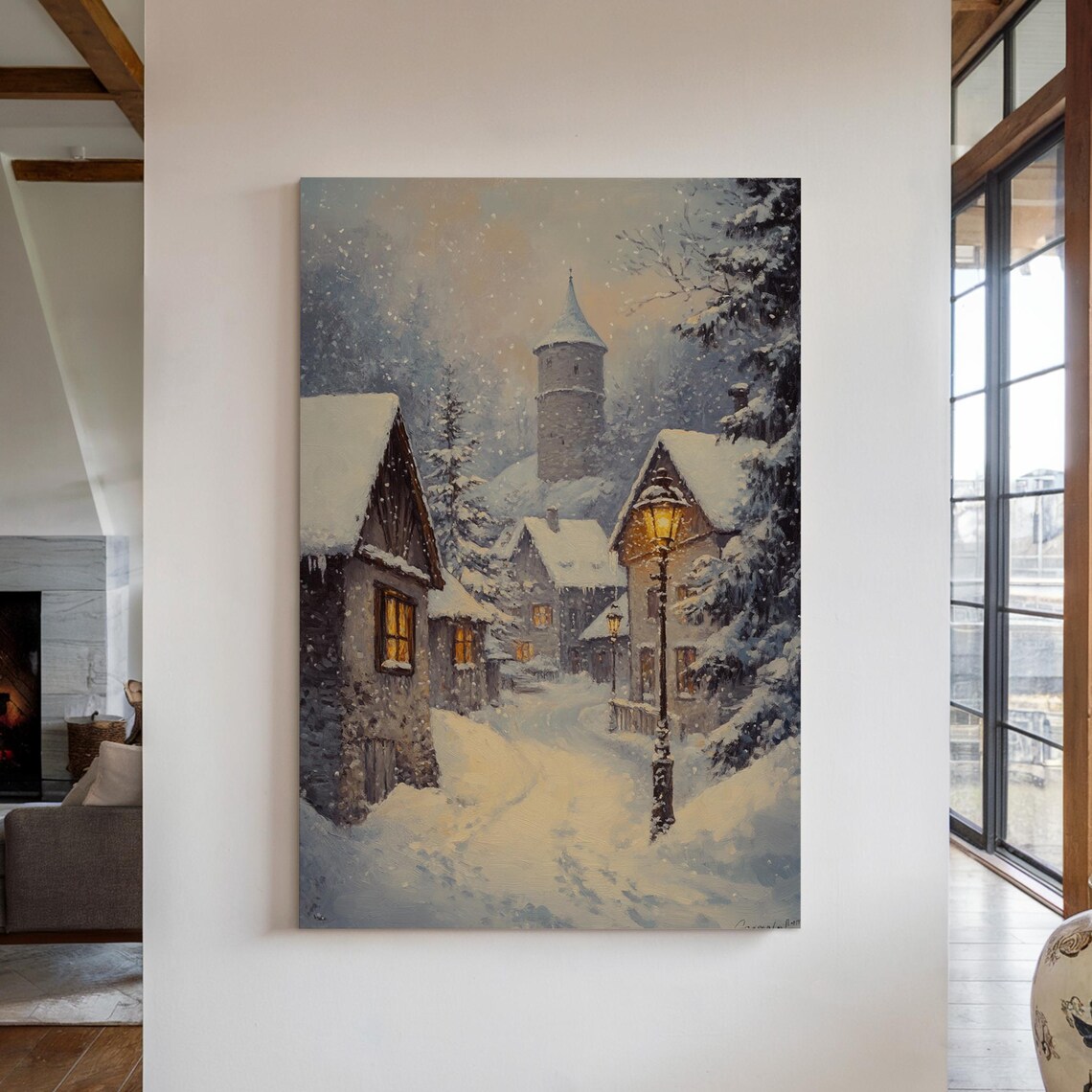 Snowy Village Street With Tower And Lamppost Winter Night Poster