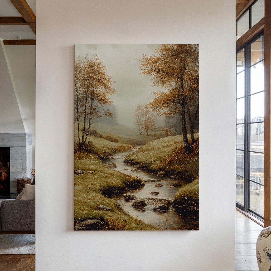 Golden Autumn Forest Stream Rocky Creek Vintage Fall Landscape Warm Poster