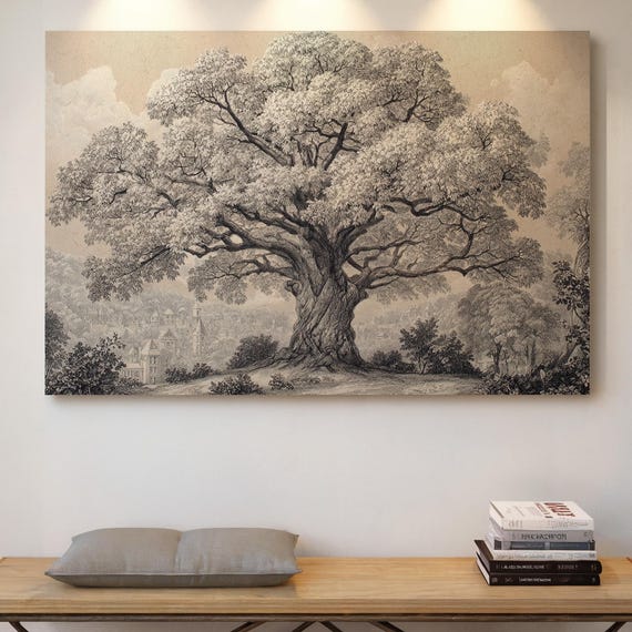 Vintage Tree Illustration, Nature Landscape Art Print