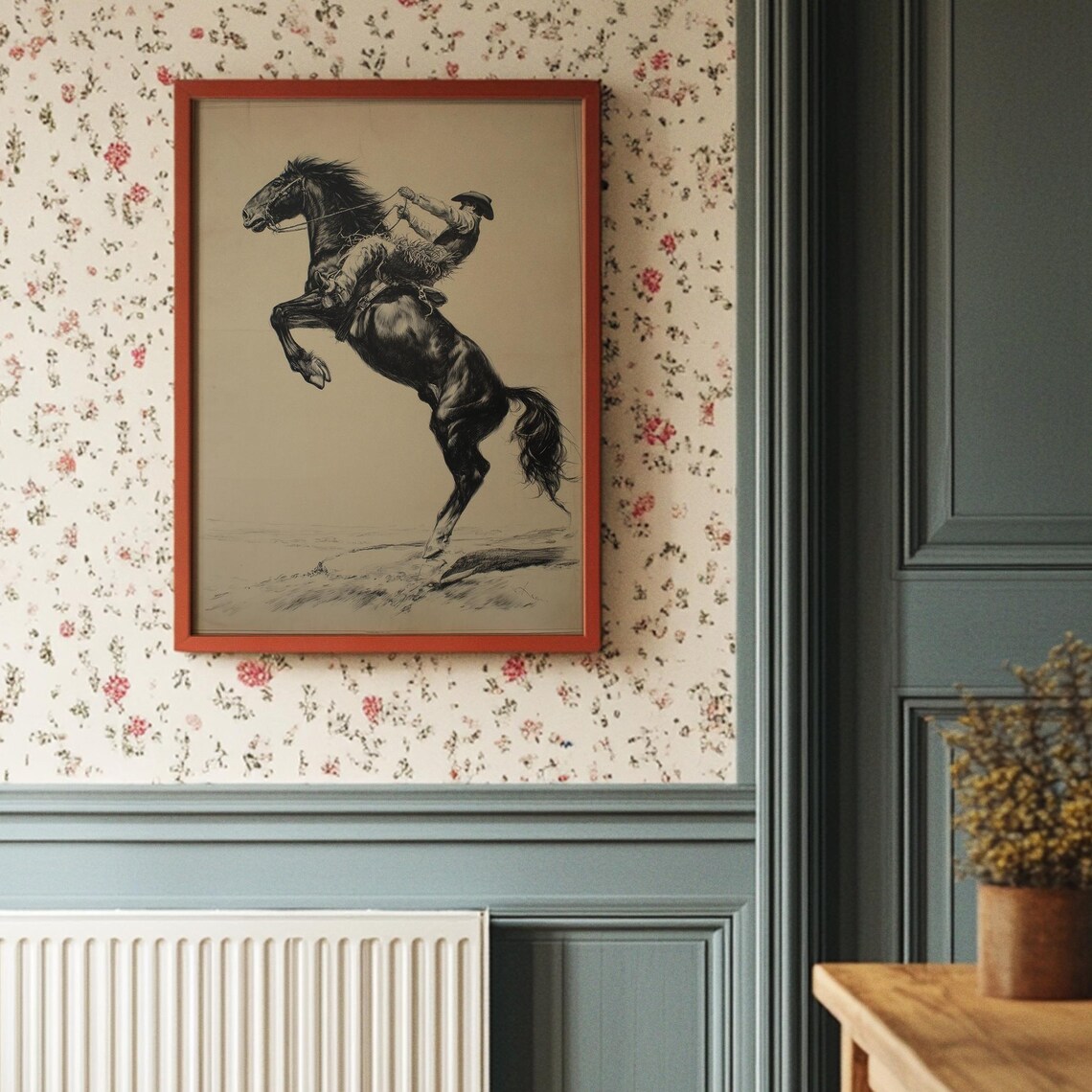 Cowboy On Rearing Horse Ink Illustration Vintage Western Poster