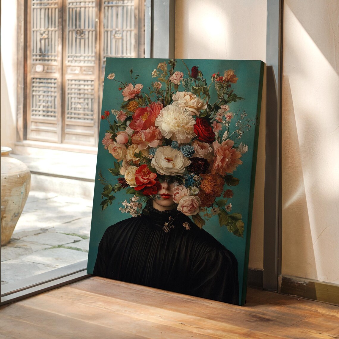 Surreal Woman with Flower Bouquet Dark Floral Portrait Art Poster