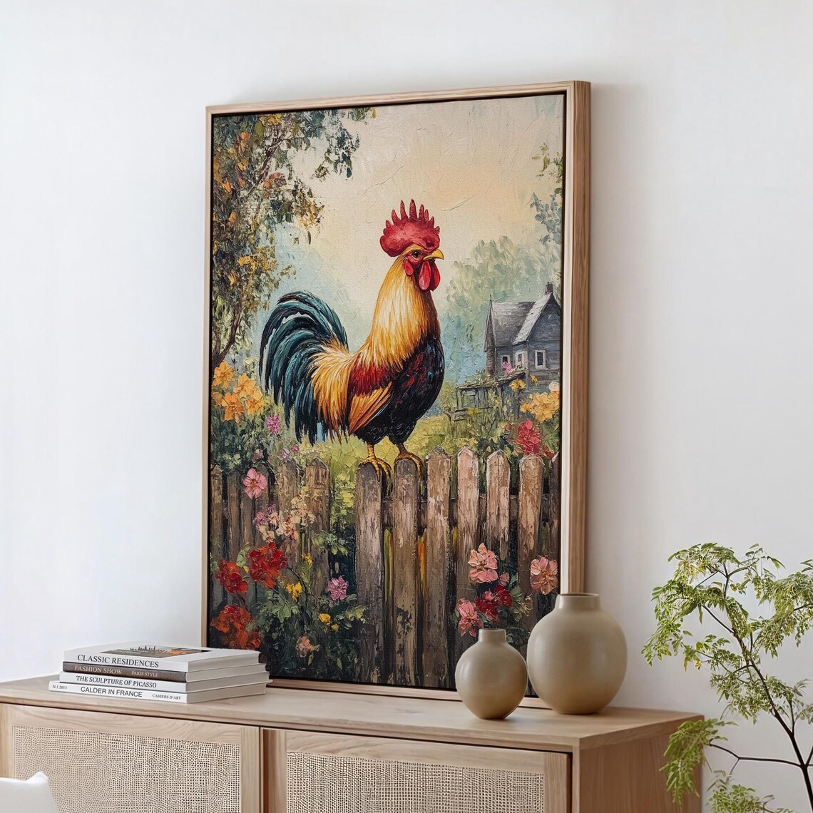 Colorful Rooster On Picket Fence Farmhouse Flower Garden Wall Art