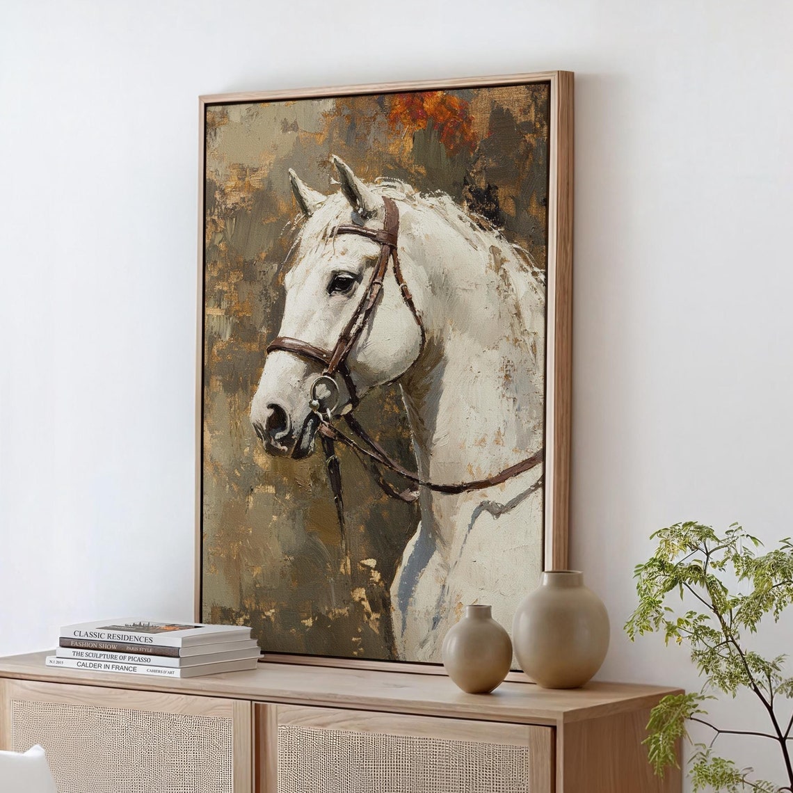 Majestic White Horse Portrait Oil Painting Equestrian Rustic Poster
