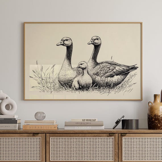 Goose Family Line Art Minimalist Canada Illustration Black White Nature Canvas Bird Wall Decor
