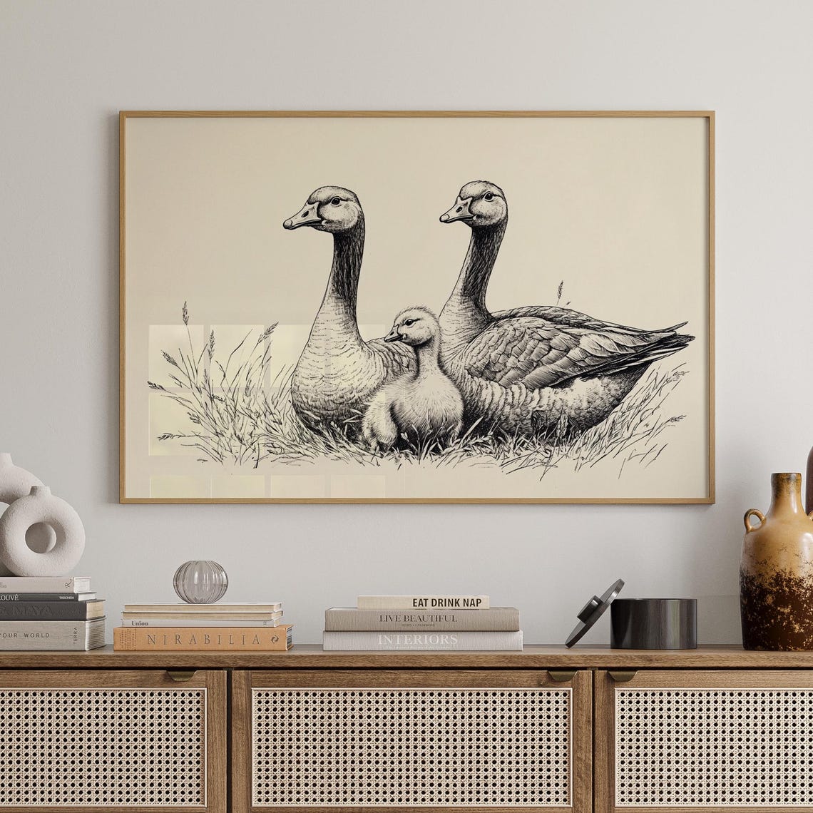 Goose Family Line Art Two Geese And Gosling Minimalist Ink Drawing Nature Scene Poster