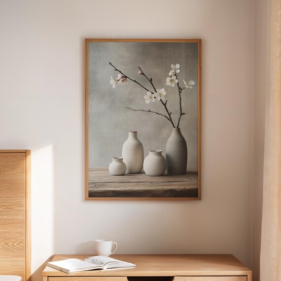 Minimalist Japanese Still Life Neutral Tones Cherry Blossoms Wabi Sabi Decor