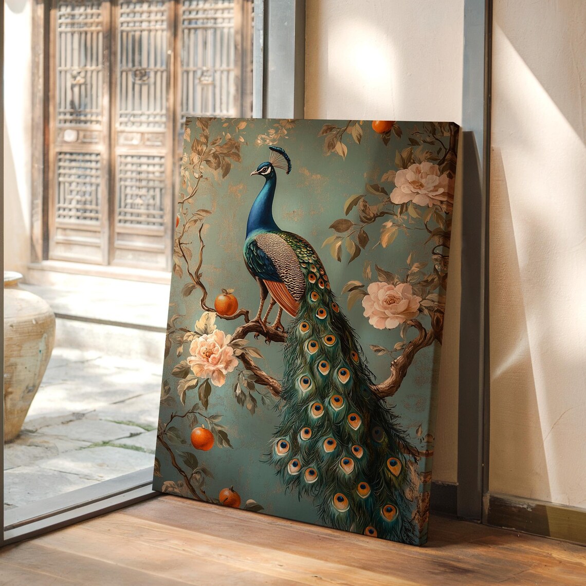 Elegant Peacock Art Print, Floral Tree Decor