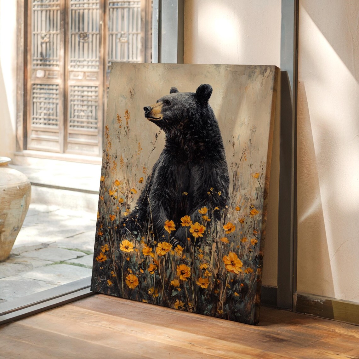 Majestic Black Bear Among Golden Wildflowers Rustic Art Poster
