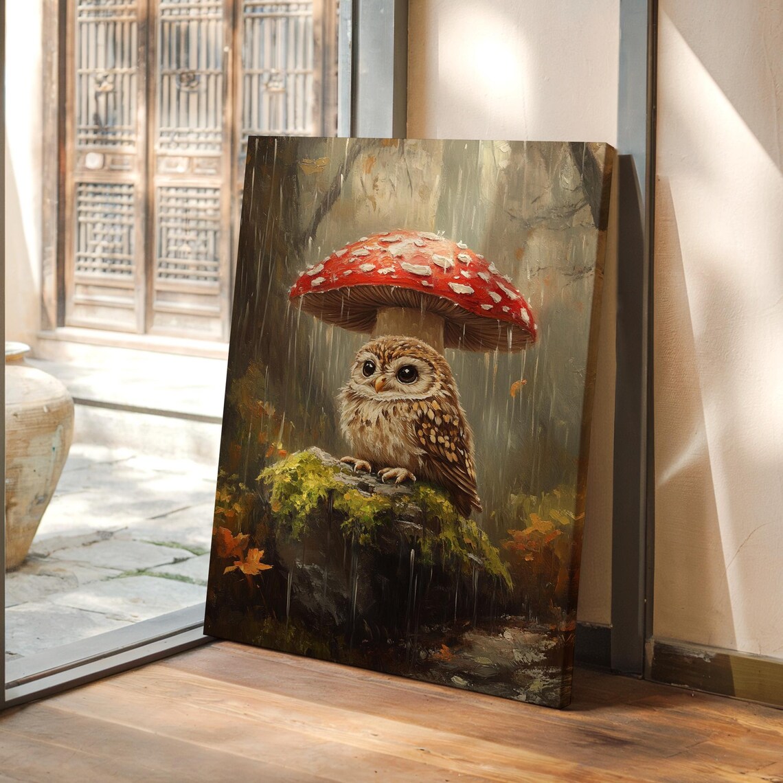 Baby Owl Sheltered By Red Mushroom Woodland Rain Painting Poster