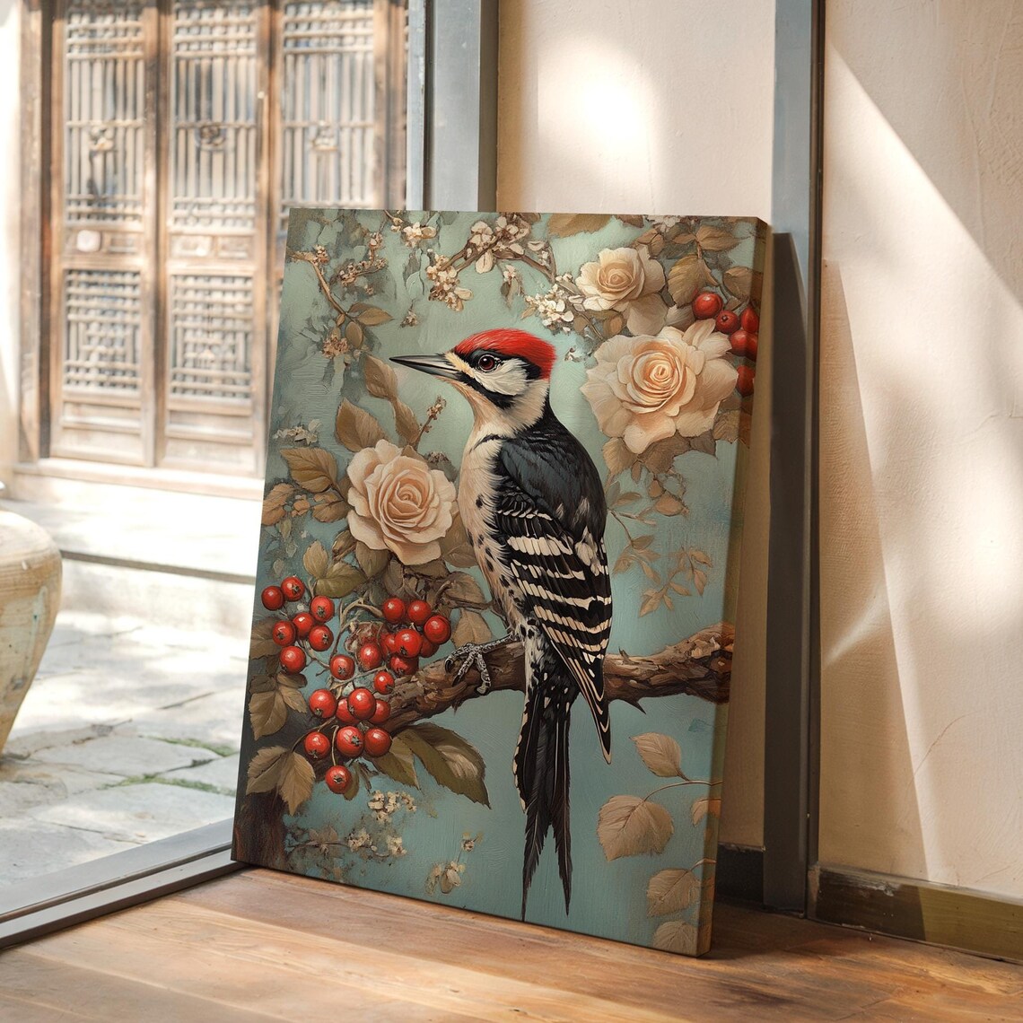 Woodpecker Vintage Nature Bird Painting Roses Berries Teal Poster