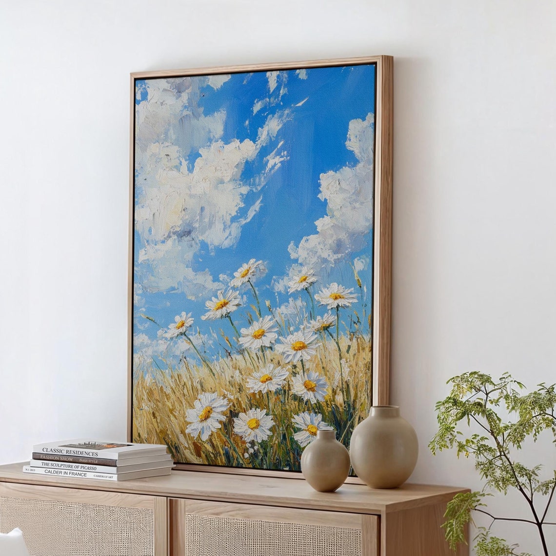 White Daisies Golden Wheat Field Bright Blue Cloud Sky Poster