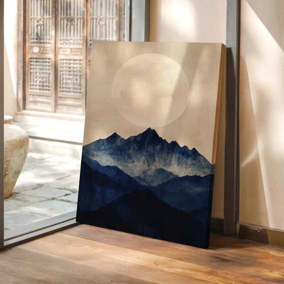 Minimalist Mountain Wall Art Full Moon Japanese Aesthetic Serene Blue Landscape Print