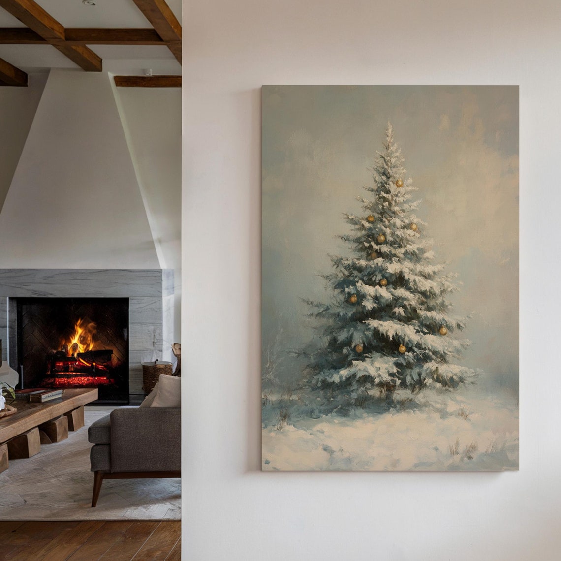 Snow Covered Christmas Tree With Gold Ornaments Winter Poster