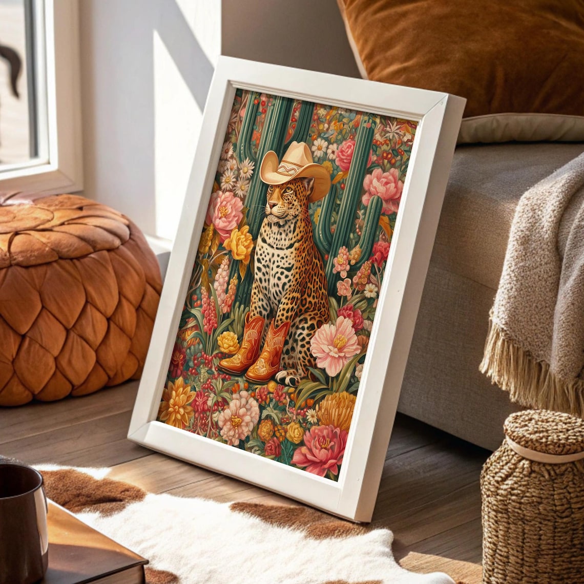 Leopard in Cowboy Boots Desert Flowers Whimsical Western Poster