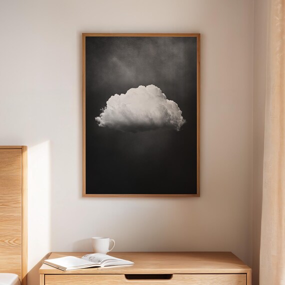 White Cloud Floating on Deep Black Minimalist Print for Modern Walls