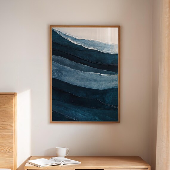 Layered Blue Ocean Abstract Navy and White Textured Acrylic Wave Poster