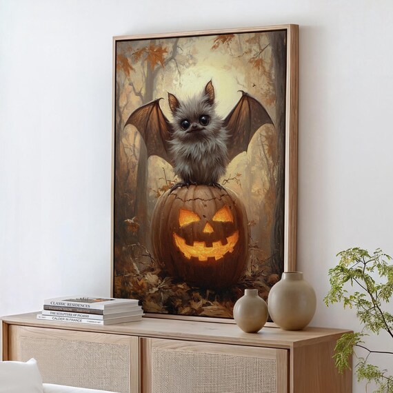 Cute Fluffy Bat On Glowing Jack O Lantern Autumn Forest Wall Art