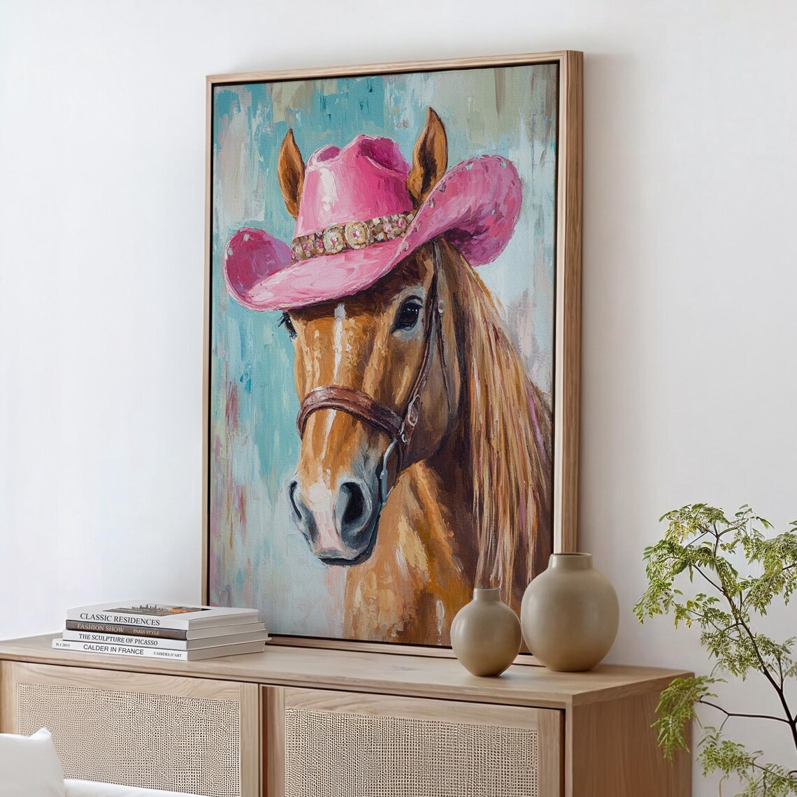 Horse Wearing Pink Cowgirl Hat Rhinestone Band Western Portrait Poster