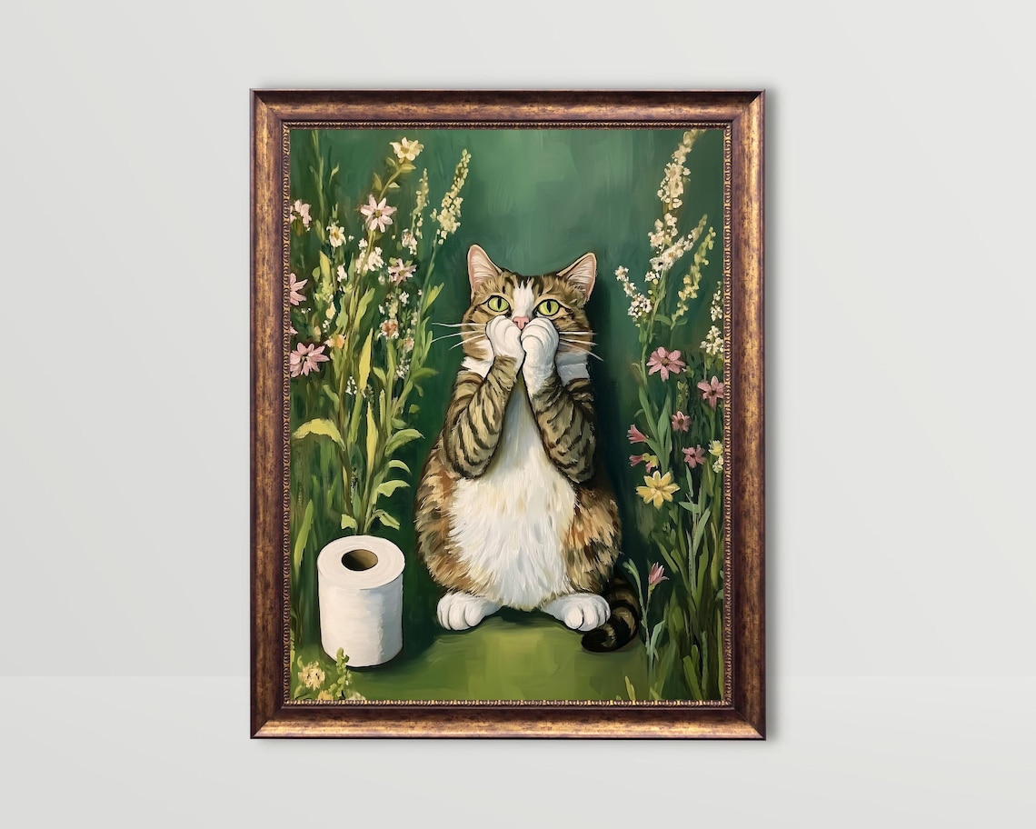 Bathroom Cat Funny Bath Wall Art Toilet Paper Art Green Powder Room Print Cute Whimsical Art Prints Fun Animal Poster Restroom Painting