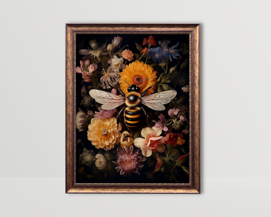 Bee and Floral Vintage Gothic Botanical Art Print