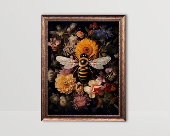 Bee and Floral Vintage Gothic Botanical Art Print