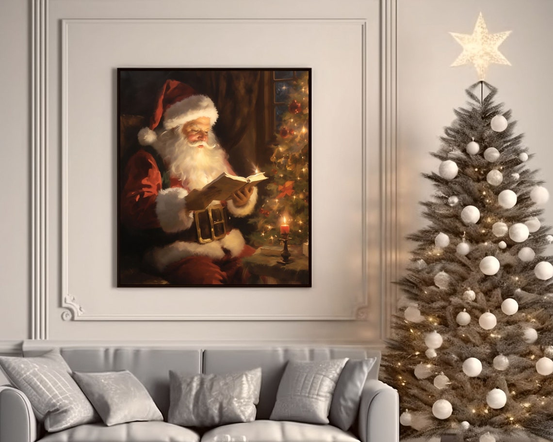 Santa Reading Book Vintage Christmas Art Print - Image 4