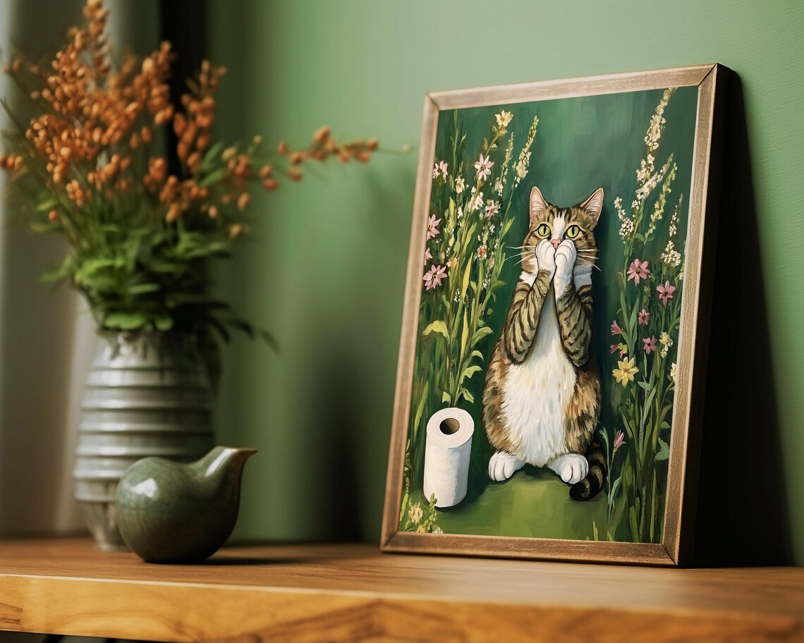 Bathroom Cat Funny Bath Wall Art Toilet Paper Art Green Powder Room Print Cute Whimsical Art Prints Fun Animal Poster Restroom Painting - Image 3
