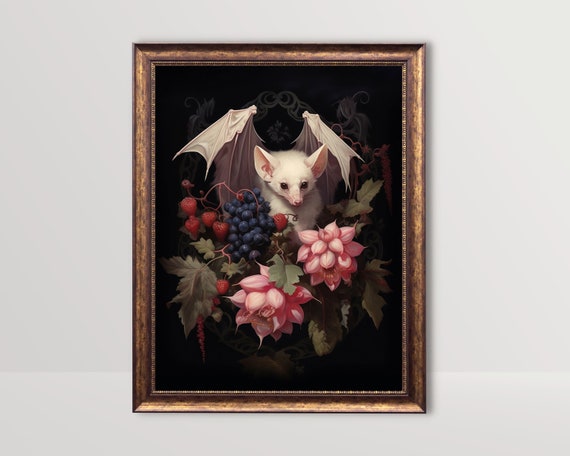 Albino Fruit Bat Gothic Floral Vintage Art Print