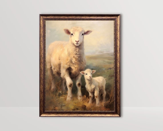 Sheep Vintage Oil Painting, Rustic Farmhouse Art Print