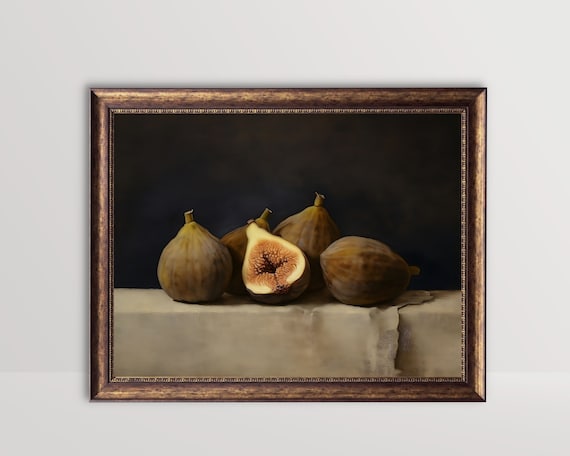 Moody Figs Vintage Fruit Print Still Life Oil Painting Kitchen Wall Art Rustic Farmhouse Decor Dark Neutral Fig Fine Art Prints