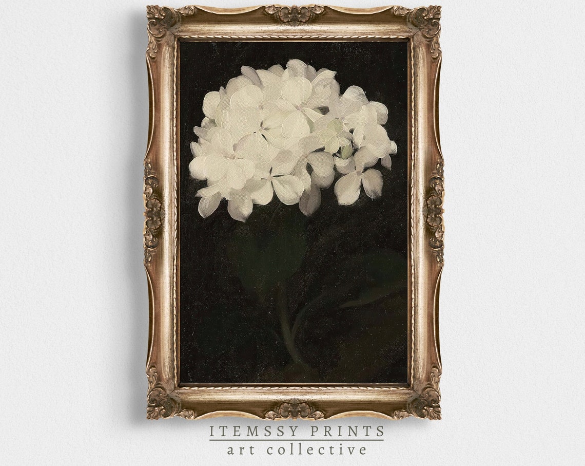 Hydrangea Painting Vintage Oil Painting Moody Vintage Art Antique Botanical Painting Wall Art