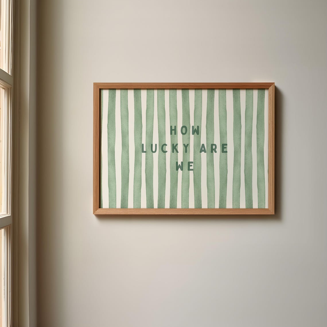 How Lucky Are We Retro Sage Green Striped Typography Quote Poster
