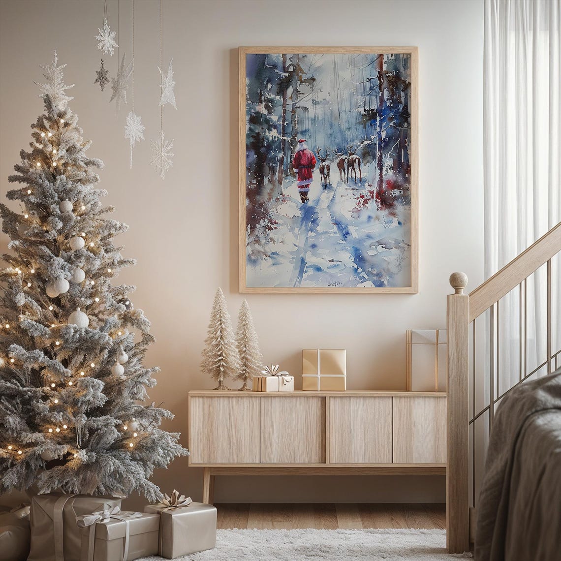 Santa Claus Reindeer Snowy Forest Watercolor Christmas Stroll Poster - Image 2