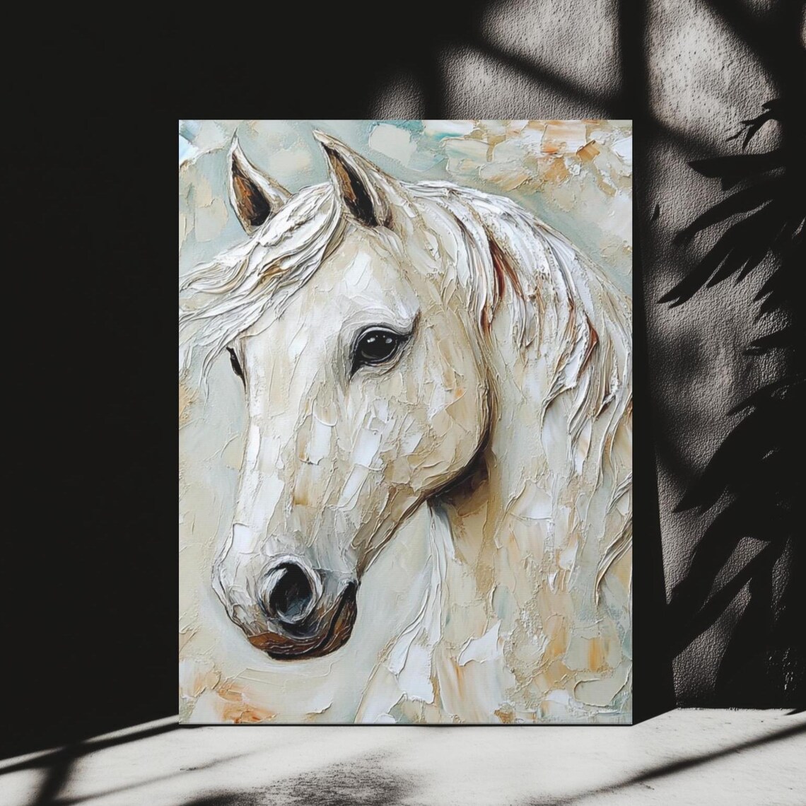 White Horse Head Textured Oil Painting Elegant Farm Art Poster