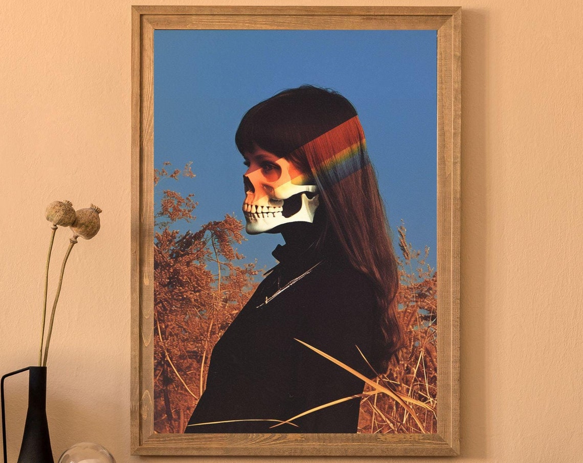 Half Skull Half Woman Profile Sunset Gradient Surreal Pop Art Poster
