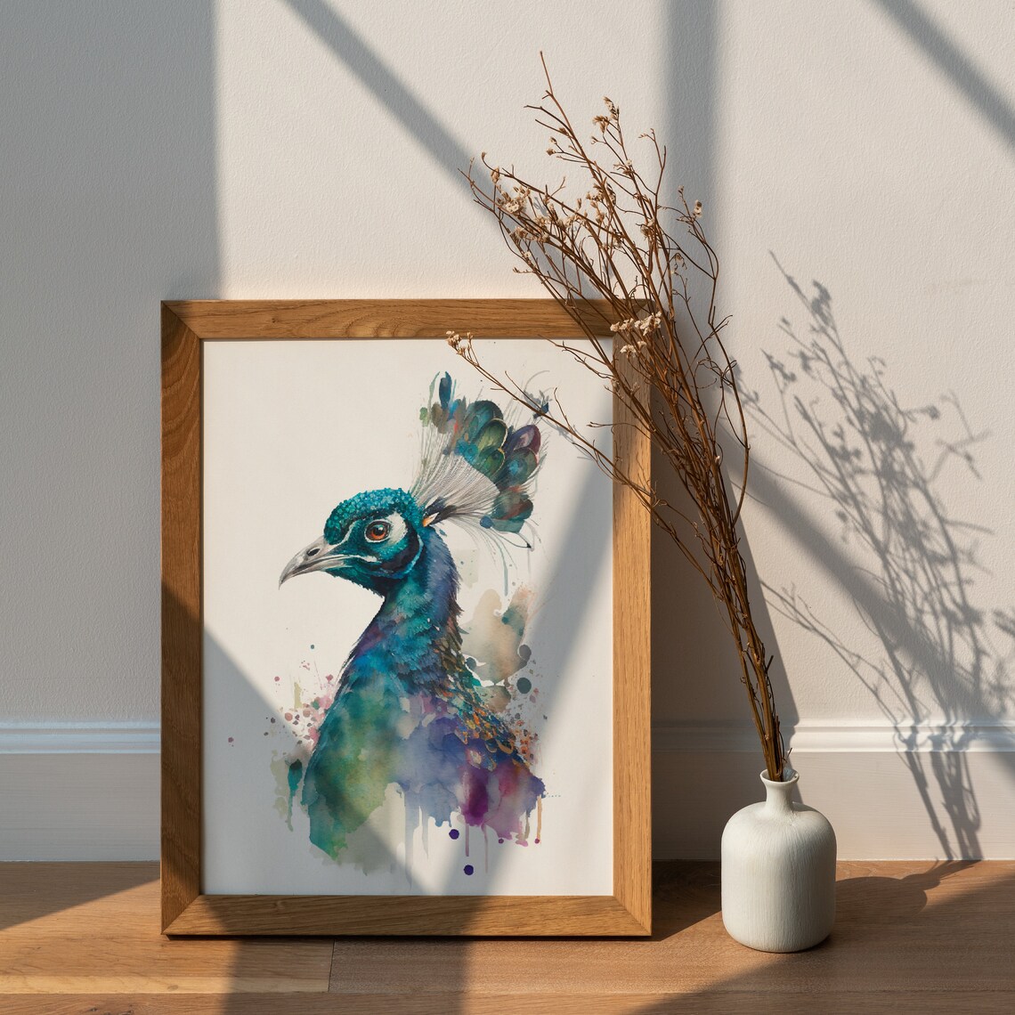 Peacock Head Portrait Iridescent Blue and Teal Watercolor Poster - Image 3