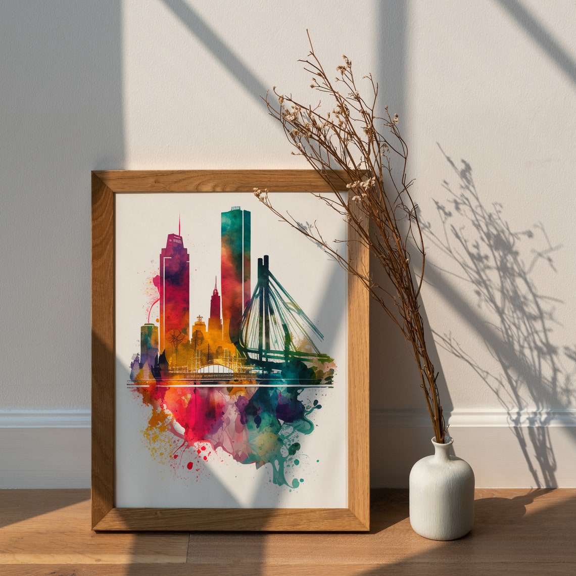 City Skyline with Cable Stayed Bridge Watercolor Splash Art Poster - Image 2