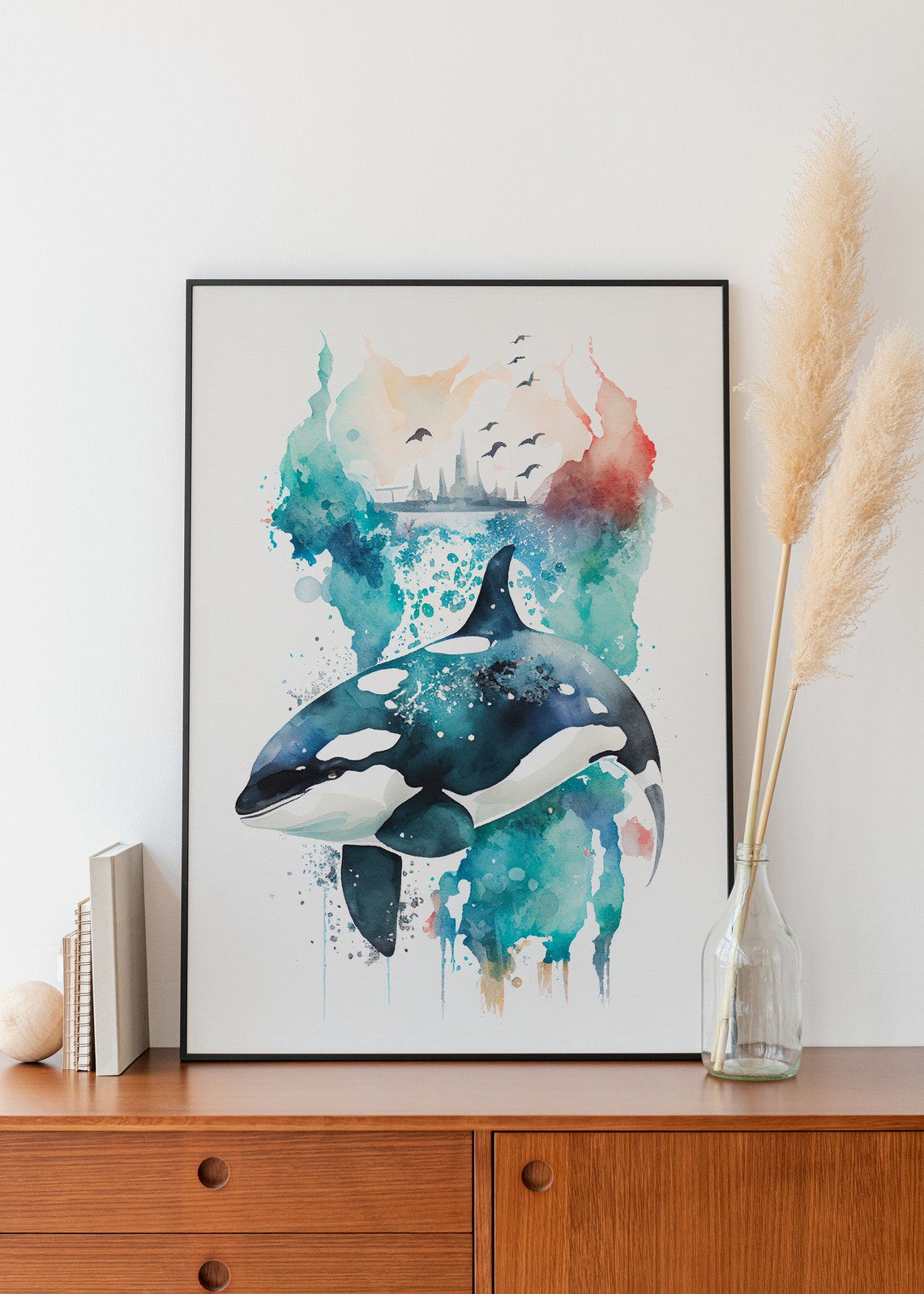 Orca Killer Whale Watercolor with Distant City Skyline Poster