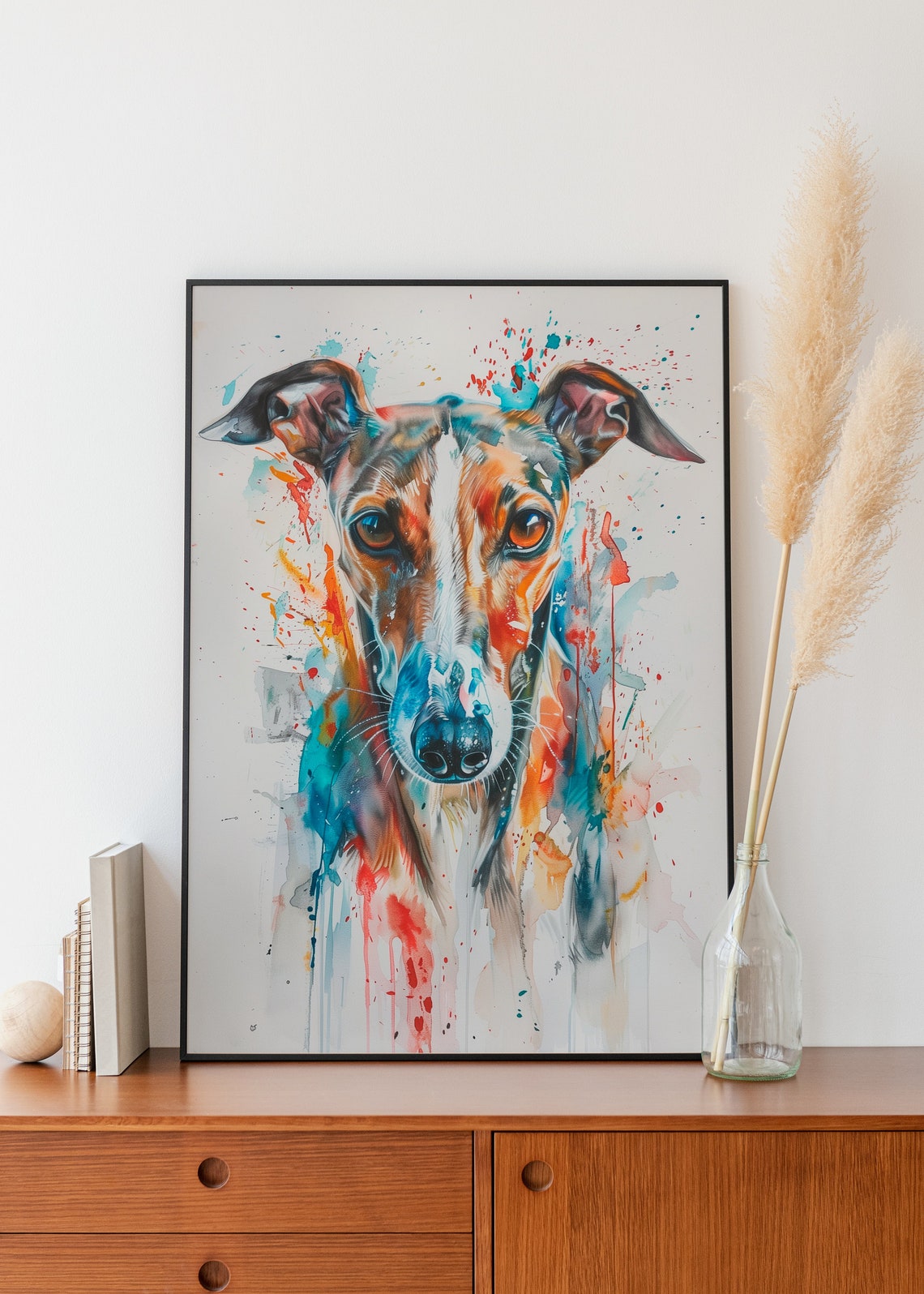 Vibrant Greyhound Portrait Colorful Watercolor Dog Breed Wall Art