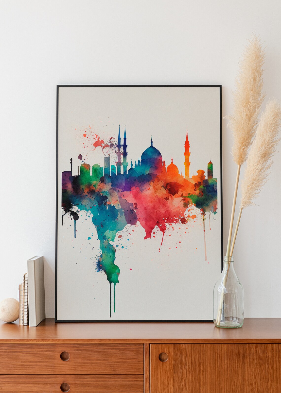Istanbul Skyline Watercolor with Blue Mosque Minarets and Domes Poster