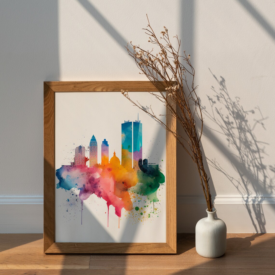 Modern Skyscraper City Skyline Colorful Watercolor Art Poster - Image 2