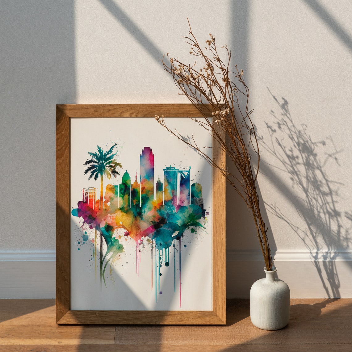 Coastal City Skyline with Palm Tree Watercolor Splash Art Poster - Image 2