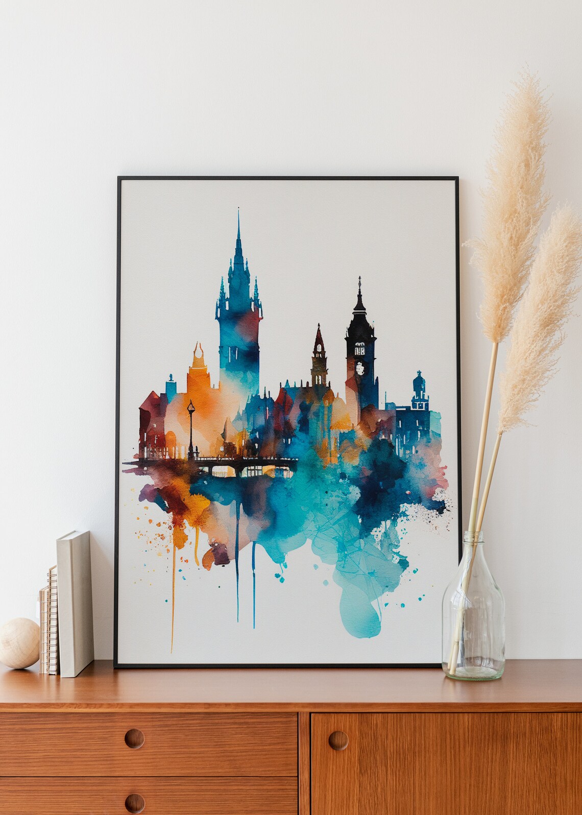 Amsterdam Watercolor Canal Houses with Historic Church Spires Poster