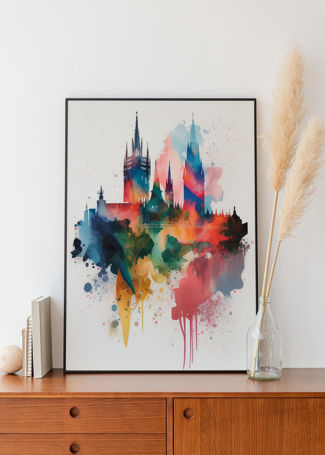 Gothic Cathedral Spires Colorful Watercolor Skyline Art Poster