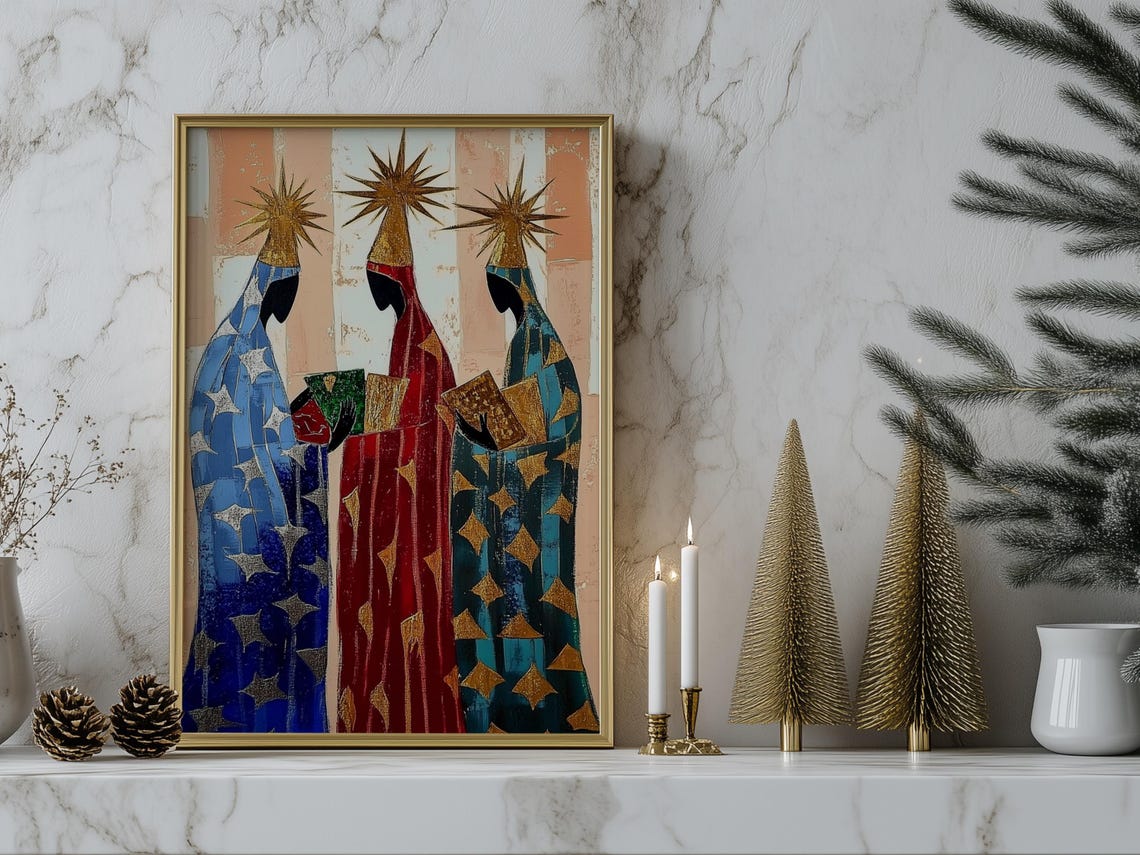 Three Wise Men Nativity Star Crowned Magi Christmas Art Poster